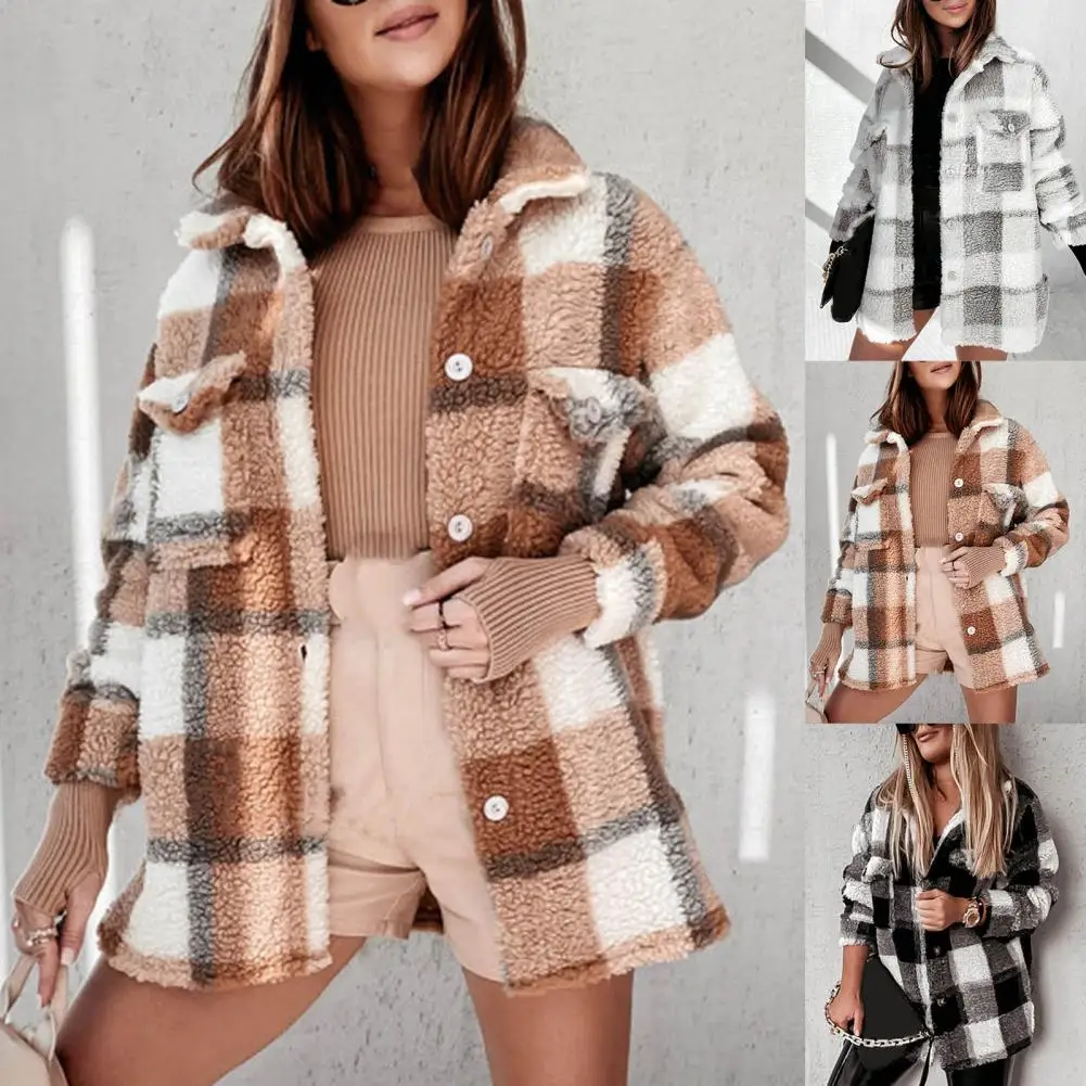 

Women Winter Plaid Shirt Jacket Fashion Turn Down Collar Long Oversize Coat Single Breasted Thick Warm Lady Streetwear Overcoat