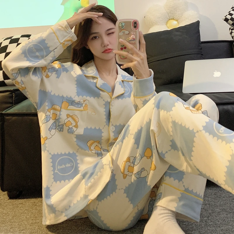 Cotton Pajamas Women Summer Long-sleeved Trousers Two-piece Suit Women's Satin Loose Printed Home Wear Casual Fashion Pajamas