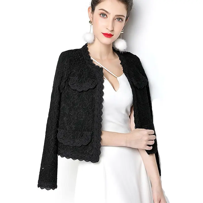

Black Thin Coat For Women's Spring And Autumn New Cardigan With Lace Short Fashionable Long Sleeved Hollowed Out Top