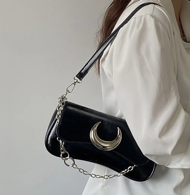 Korean Y2k Fashion PU Leather Ladies Crossbody Bags Moon Locking Buckle Underarm Shoulder Bag Designer Bag Purse and Handbags