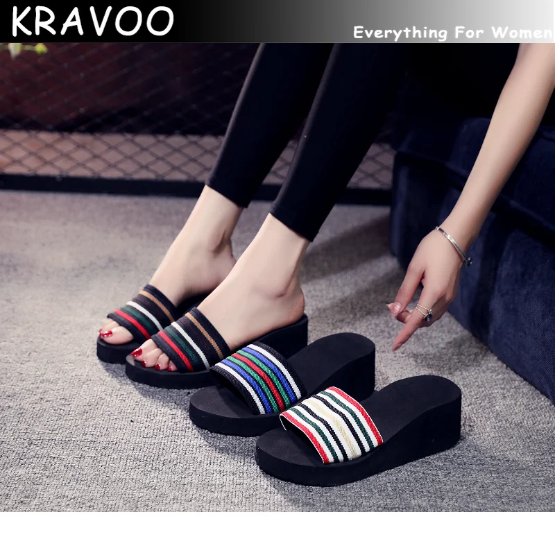 

KRAVOO Shoes for Women Platform Mesh Slippers Women Wedges Sandals Mixed Colors Striped Peep Toe Casual Slipper Beach Slides