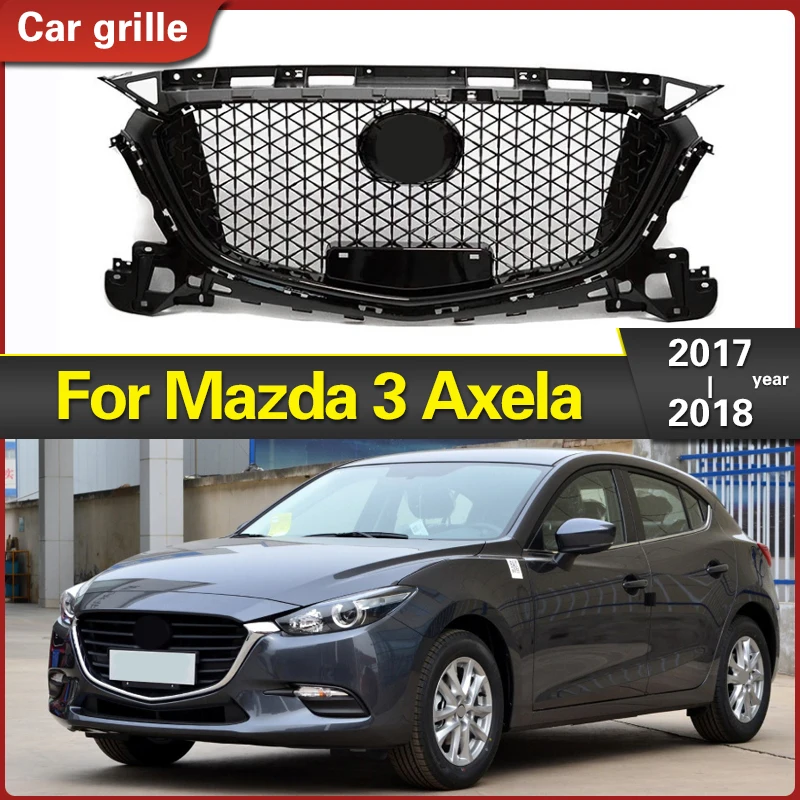 For Mazda 3 Axela 2017 2018 2019 Gloss Black Honeycomb Grille ABS Front Middle Grille Front Bumper Grill Upper Grille Racing