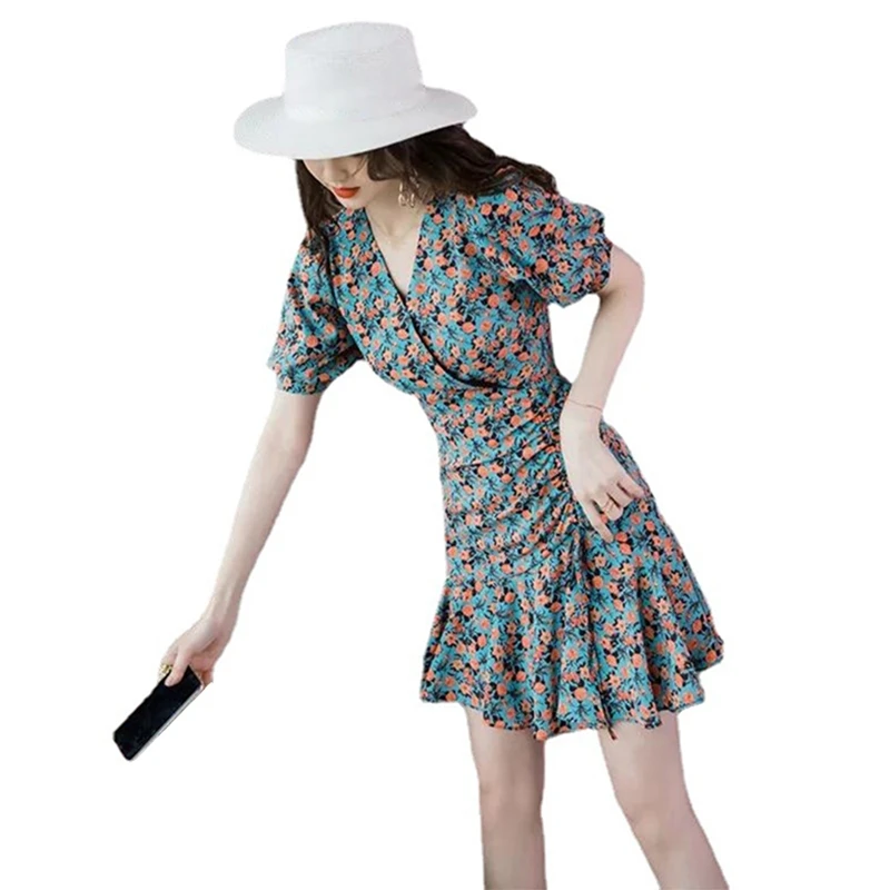 

H9ED Women Puff Short Sleeve V-Neck Floral Drawstring Ruffles A-Line Slim Mini Dress