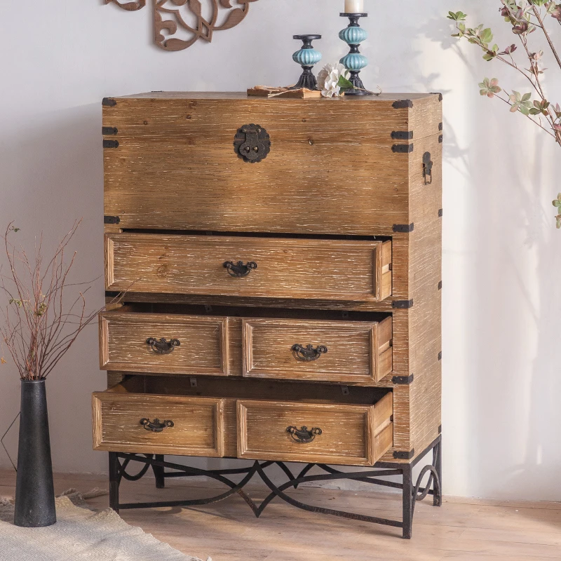 

American retro old solid wood chest of drawers, living room against the wall, sofa, sideboard, homestay, bedroom storage cabinet