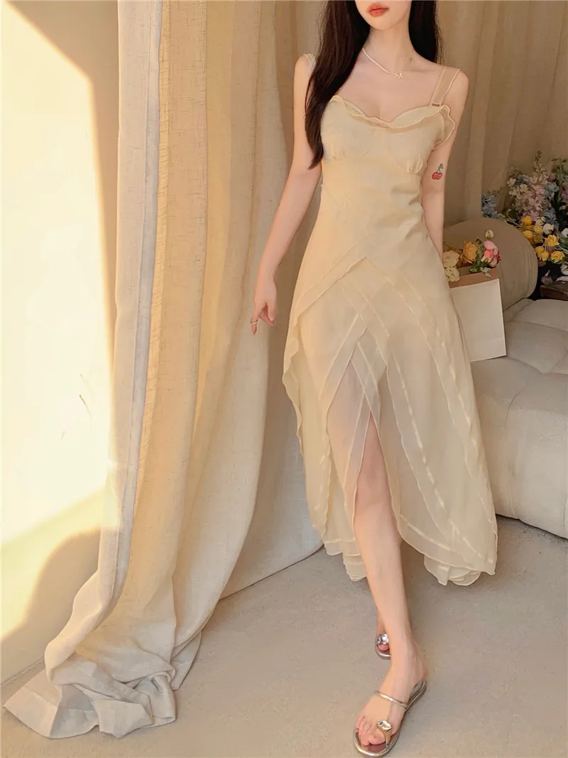 

New Holiday Split Long Dress Design Pure Desire Ruffled First Love Tea Break Suspender Dress