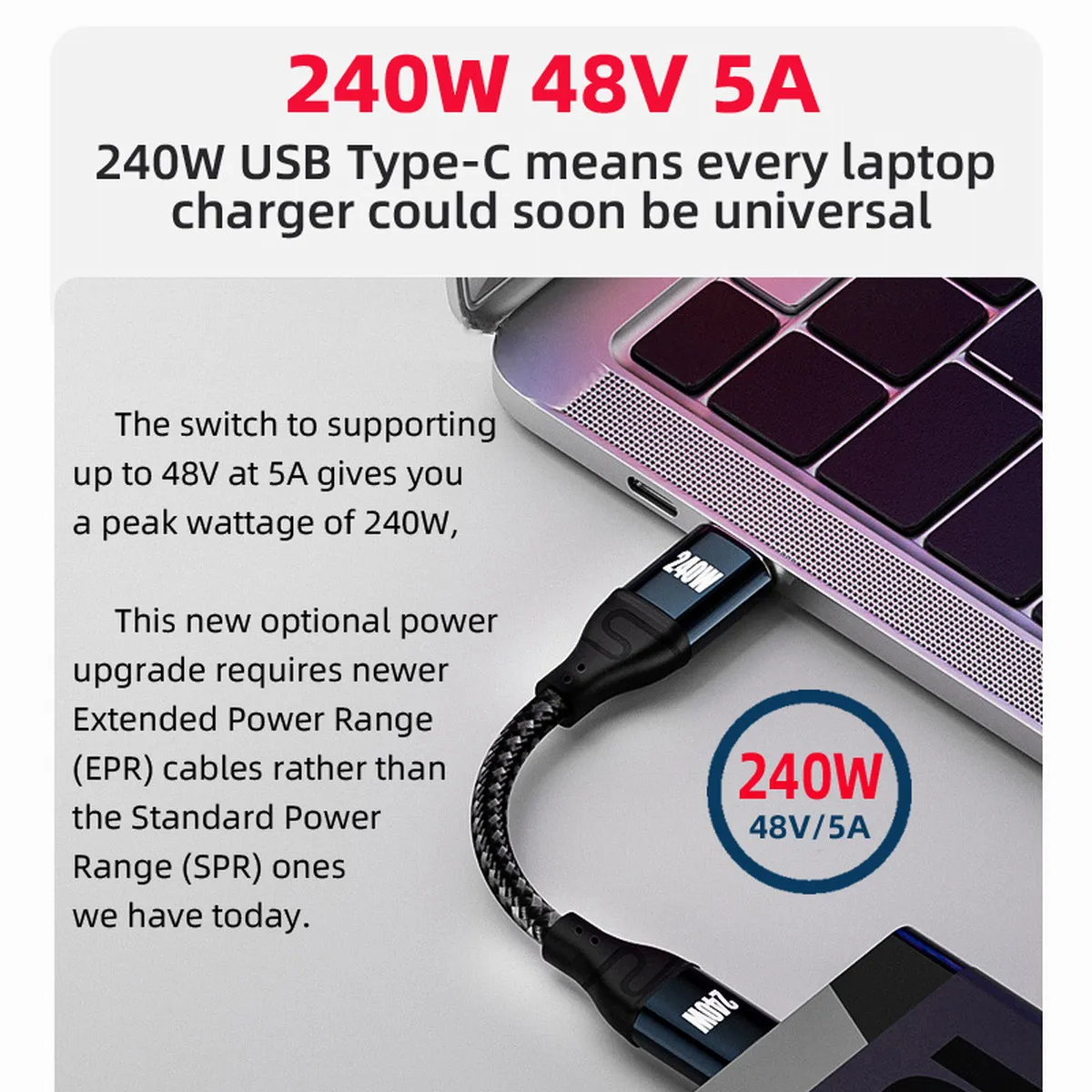 Кабель USB C Xiwai 240 Вт Type 480 Мбит/с 48 В 5 А совместим с зарядным устройством 100