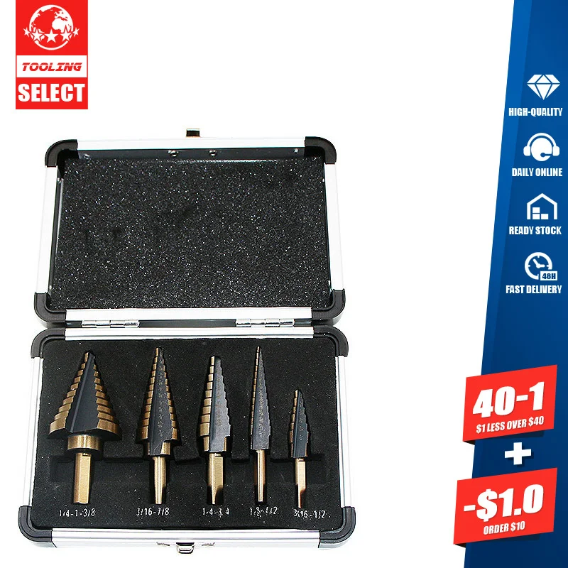 

5piece Inch Alloy Drill Bit Set Premium Aluminum Boxed Step Drills Steel Plate Reaming And Deburring Tools