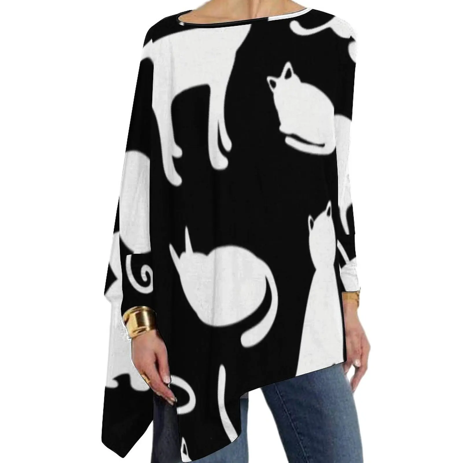 

Black White Cat Pattern T Shirt Kitten Family Playful Cats Trendy Long Sleeve T-Shirts Women Loose Tshirt Oversize Print Tees