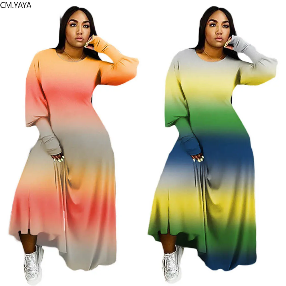 CM.YAYA Women Gradient Print Lantern Long Sleeve O-neck A-line Bodycon Maxi Dress Streewear Active Wear Dresses | Женская одежда