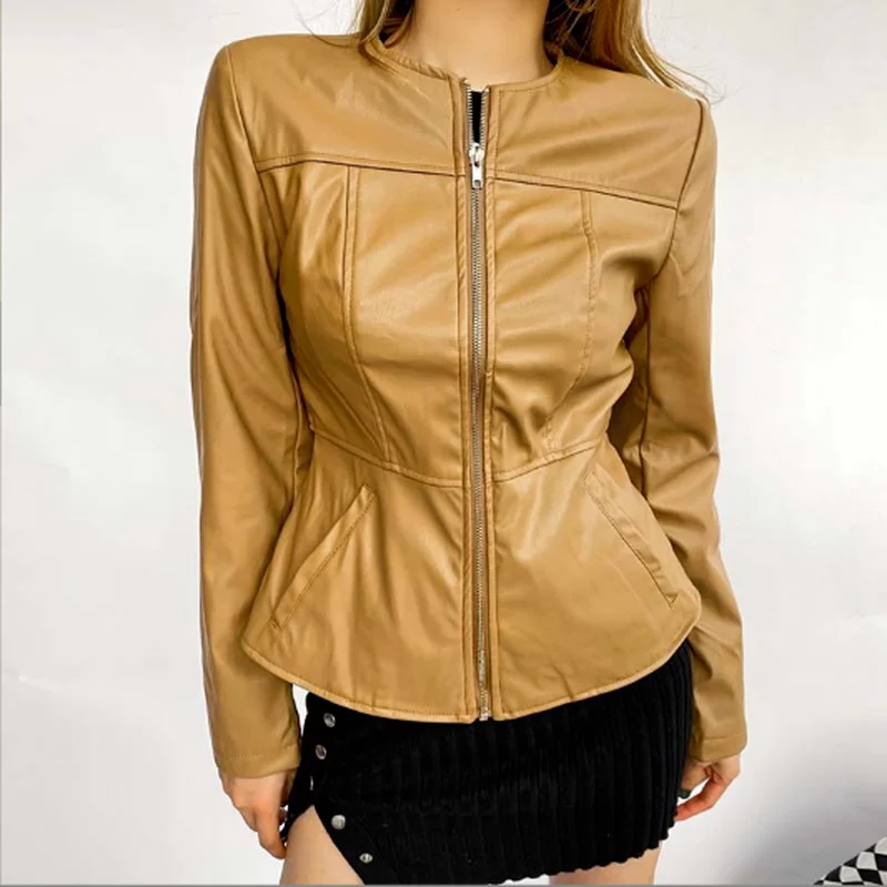 

New Fashion Ladies Slim Leather Jacket Ruffled Round Neck Long-sleeved Zipper PU Motorcycle Leather Jacket Women Clothing