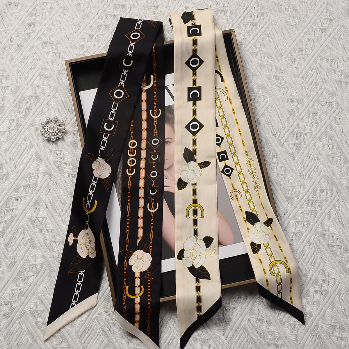 

100% mulberry silk Silk scarves Women's French Luxury Brand scarves Hair bands Autumn tied bags Ribbon long scarves