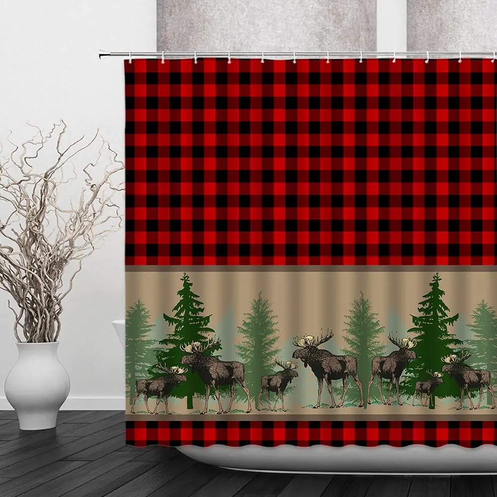 

Deer Plaid Shower Curtain Black Red Buffalo Check Moose Elk Pine Forest Rustic Farmhouse Fabric Bathroom Decor Curtain Hooks