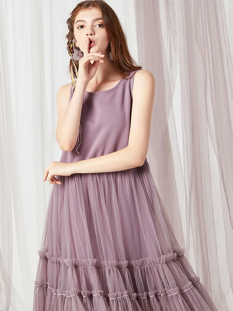 [В наличии Купить 3 бесплатно] Elevenrain Фиолетовое платье без рукавов Сетчатая юбка