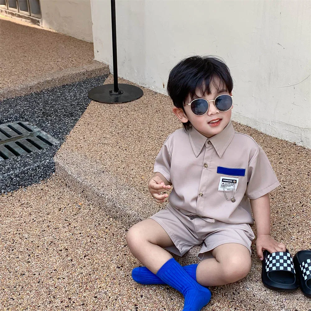 

Menoea Toddler Boy Clothes Set 2022 Summer Kids Solid Color Short-sleeved Top + Lace-up Shorts Simple Fashionable Two-piece Set
