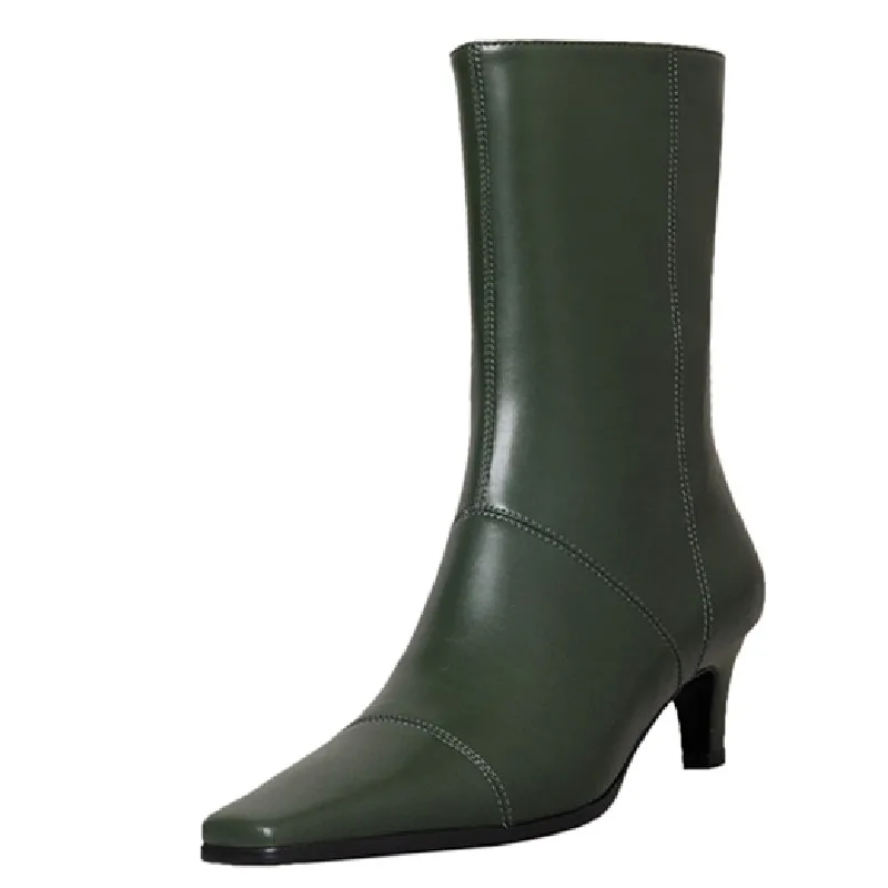 

Dilalula Splicing New Women Mid-Calf Boots Autumn Winter Genuine Leather Office Ladies Square Toe Thin Heels Boots Woman 2022