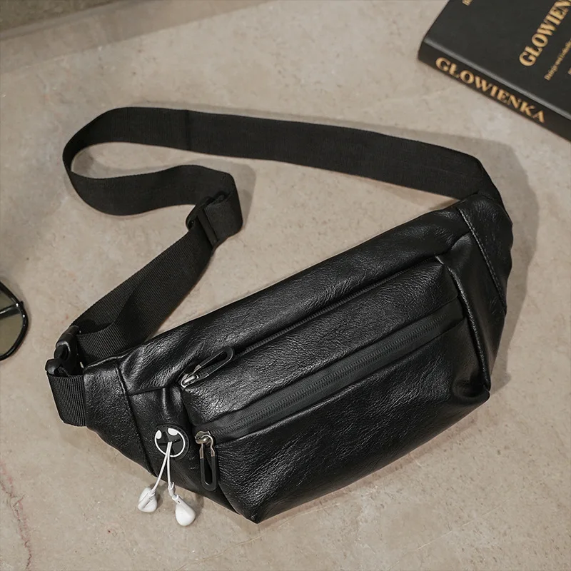 Sports PU Leather Men's Waist Bag Multifunction Crossbody Bag Casual Chest Bag Man Fanny Pack Business Black Shoulder Bag