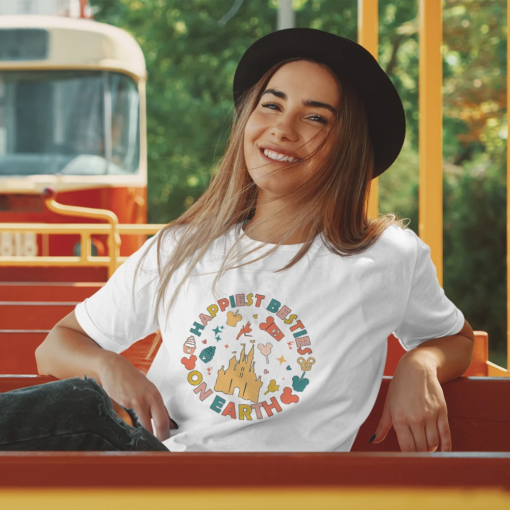 

Happiest Besties Disneyland On Earth Women's T-shirts Kawaii Cartoon Fashion Summer Disney Clothes White Thin Tops Female Blouse