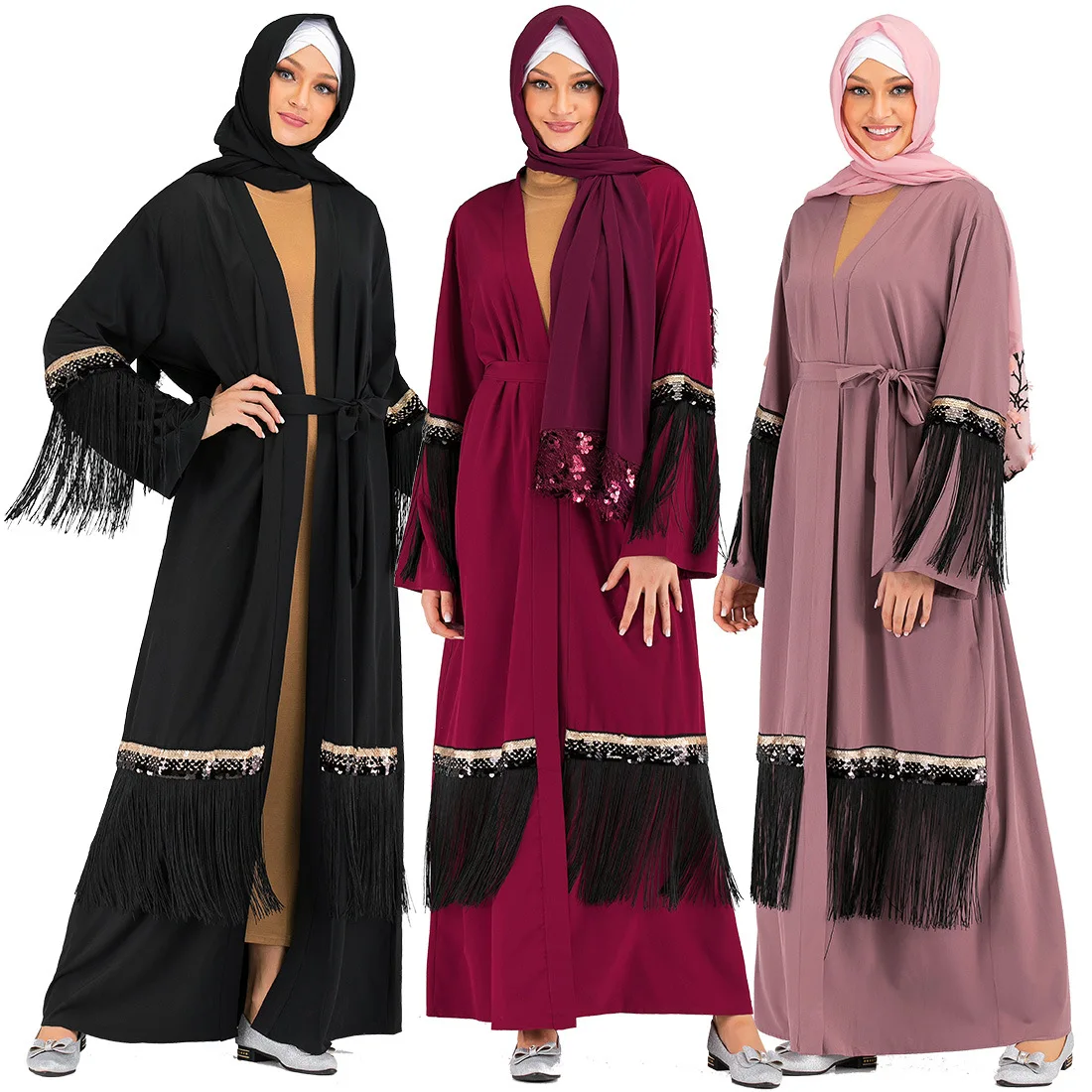 Длинное платье с бахромой, Рамадан, абайя, ислам, кафтан с поясом, длинное платье в мусульманском стиле, женская одежда в стиле Дубай, халат д...