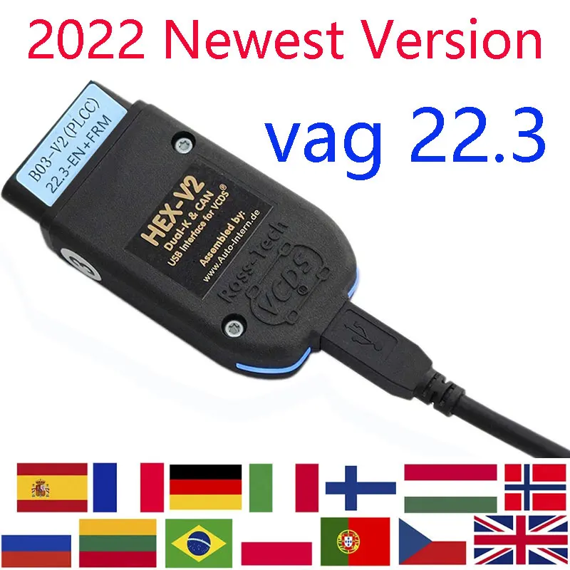 

2022 Newest VAGCOM 22.3 OBD2 Scanner HEX V2 USB Interface FOR VW AUDI Skoda Seat Unlimited VINs English French German Atmega162