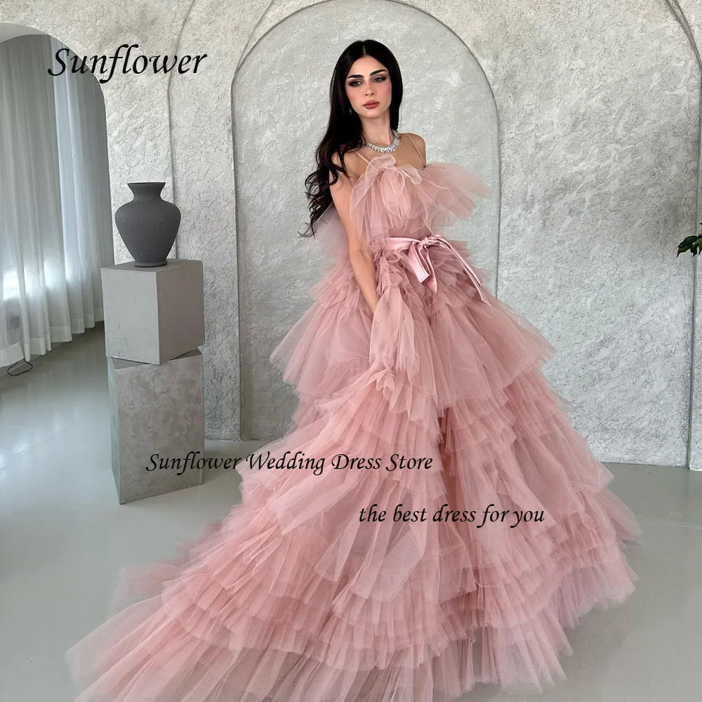 

Sunflower Pink Strapless Evening Dress Saudi Arabia 2023 Slim Tulle Backless Tiered A-LINE Prom dress Floor-Length Party Dress