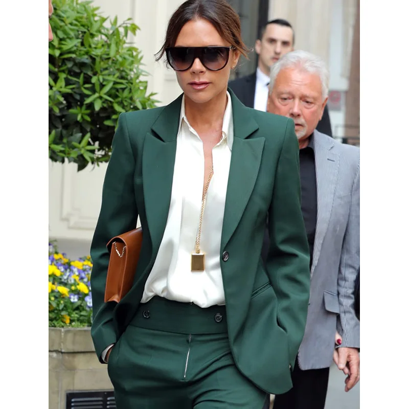 Ladies Retro Green Loose Blazer Suit Spring 20212 Elegant Women's Streetwear Solid Color Matching Suit (Coat + Pants)