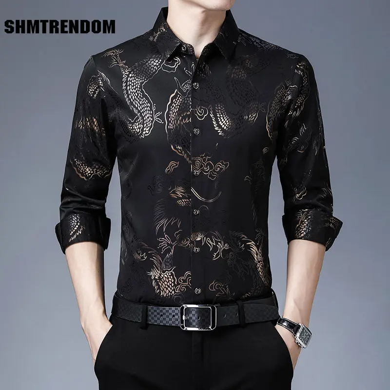 

New Brand Designer Shirts Men Chinese Dragon Print Slim Fit Luxury Spring Long Sleeve Casual Shirts Camisa Masculina C806
