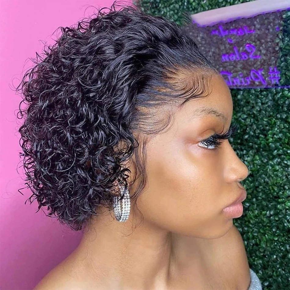 

Pixie Cut Short Curly Human Hair Wigs Malaysian Remy 13x1 Lace Front Wig Human Hair 180% Transparent Lace Wig For Black Women