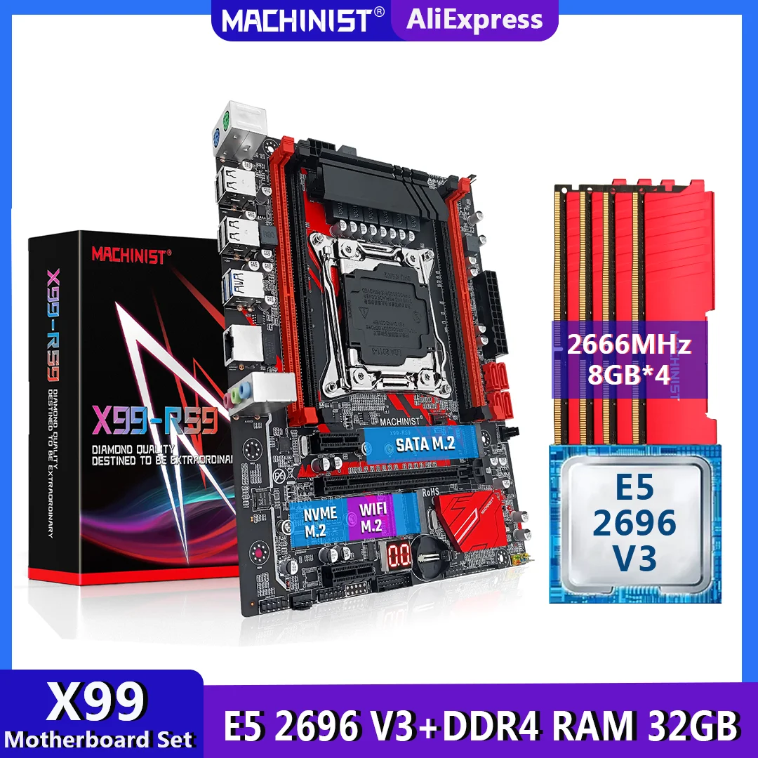 

MACHINIST X99 Motherboard LGA 2011-3 Kit Set Xeon E5 2696 V3 CPU Processor 32G=4*8G DDR4 2666MHz RAM Combo SATA NVME M.2 X99-RS9