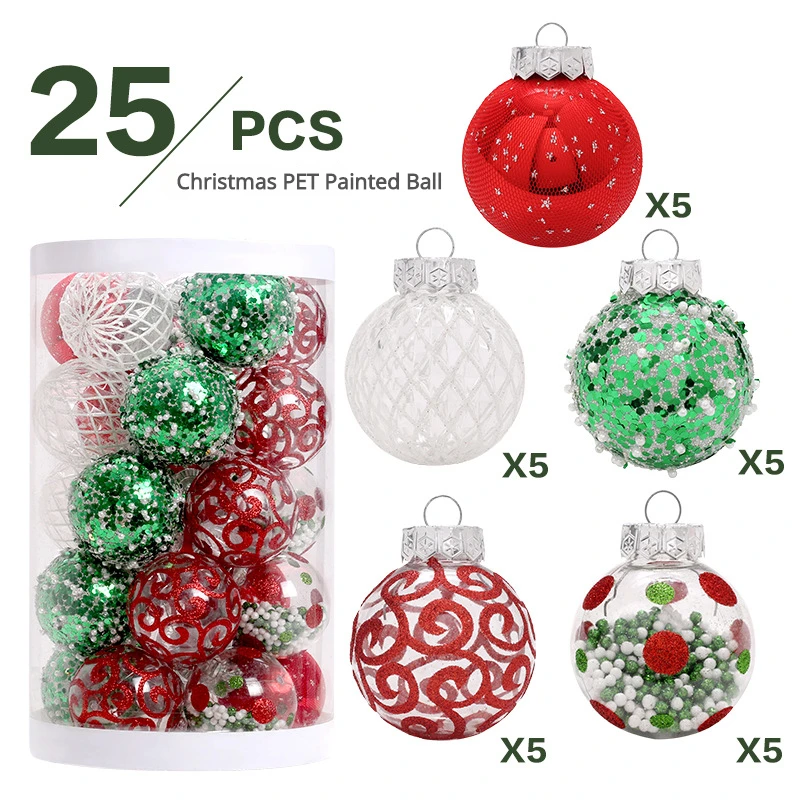 

25Pcs Christmas Ball Decorations Red Green and White PET Painted Christmas Ball Set Christmas Tree Decoration Ball
