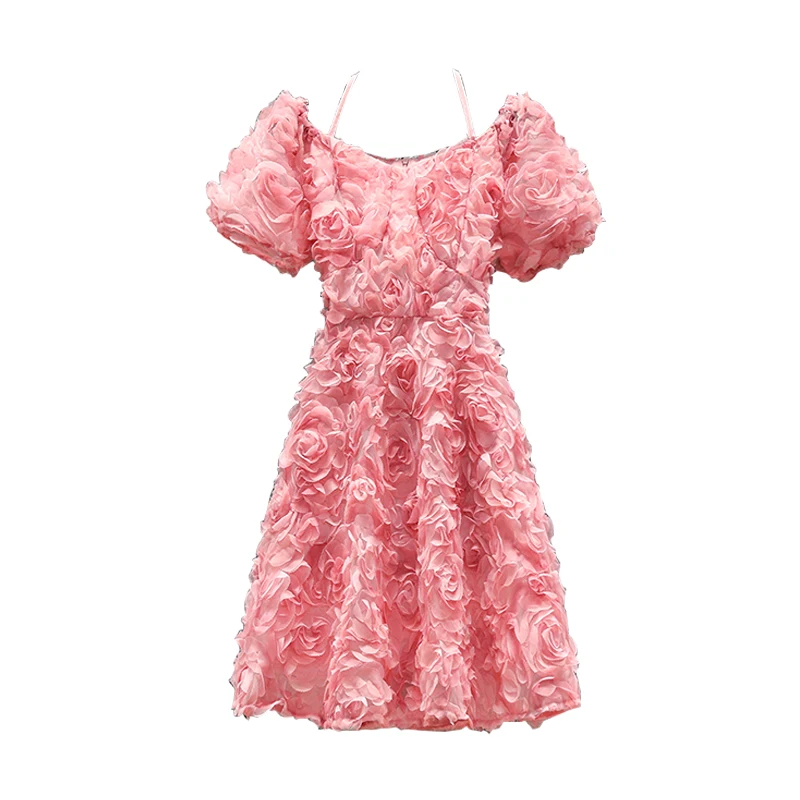 

Женское платье с пышными короткими рукавами, розовое однотонное платье с объемным рисунком, одежда для вечеринки в честь Дня Рождения, 2019