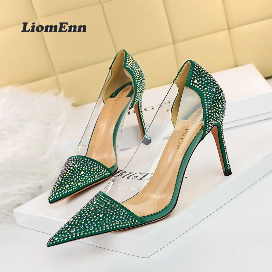

Rhinestones Transparent Thin High Heels Pumps Women Party Wedding Shoes 2022 Spring Summer Green Gold Women Pumps Luxury Sexy