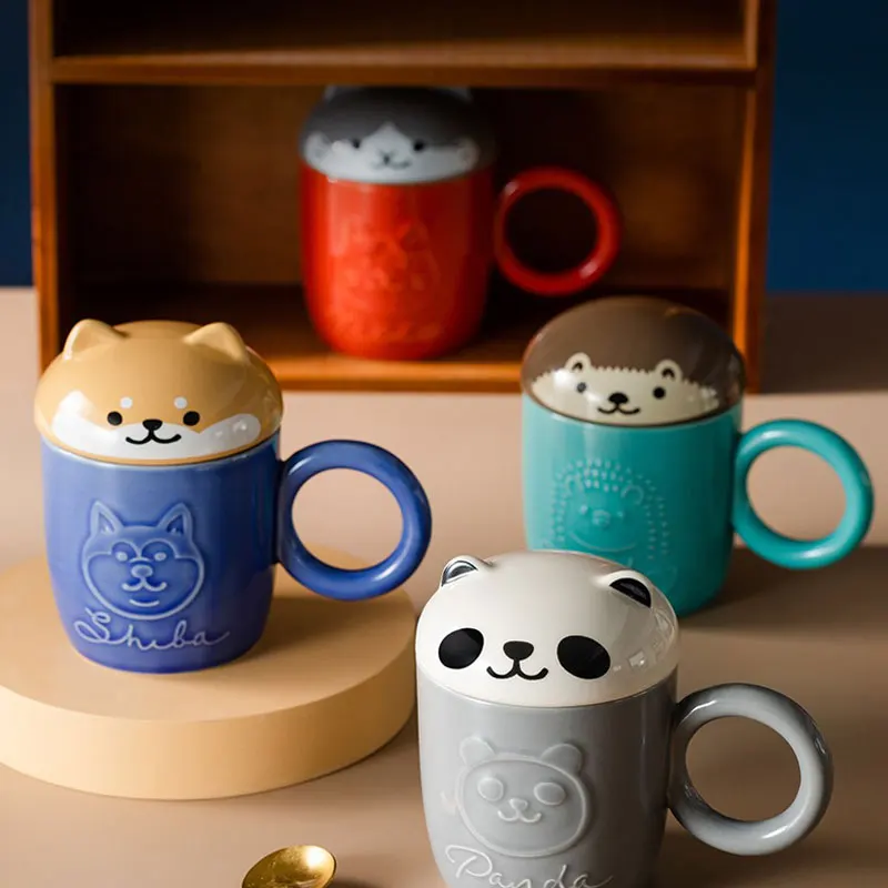 Милая мультяшная чашка в виде панды Ежика кошки собаки с крышкой и кольцевой