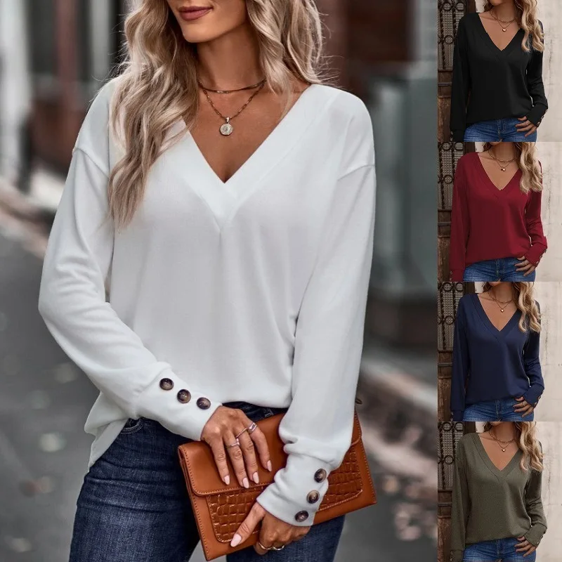 

Autumn and winter new solid color V-neck loose long-sleeved T-shirt button top