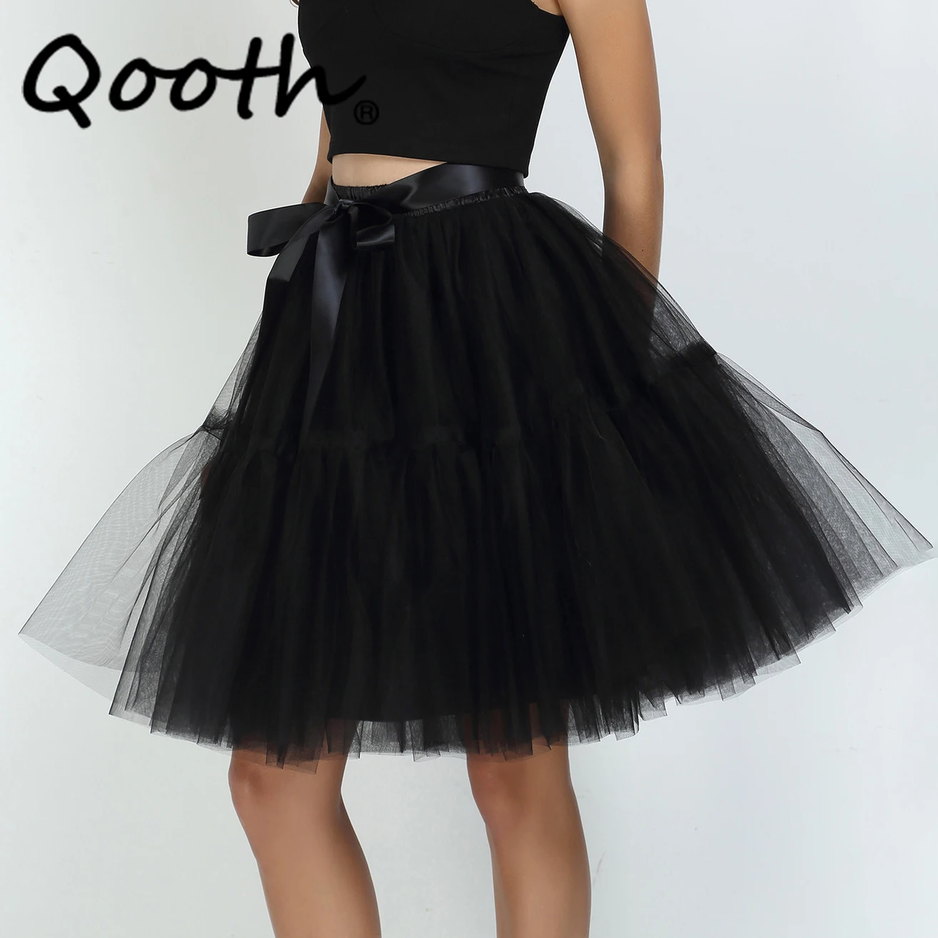 

Qooth Women 5 Layer Tulle Ball Gown Skirt Party Banquet Elastic Waist Bow Tie Belt 60cm Tutu Skirt Wedding Faldas Mujer QT2151