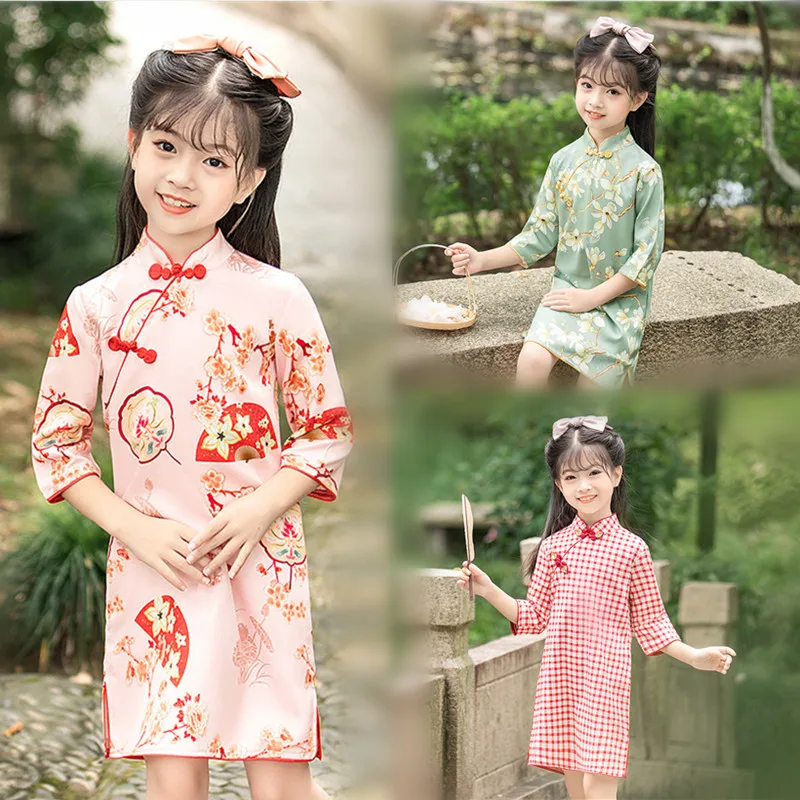 

Qipao Dress for Girls Summer Flower Cotton Kids Dress Floral Mini Dress Teenager Chinese Cheongsam Traditional Ethnic Costumes