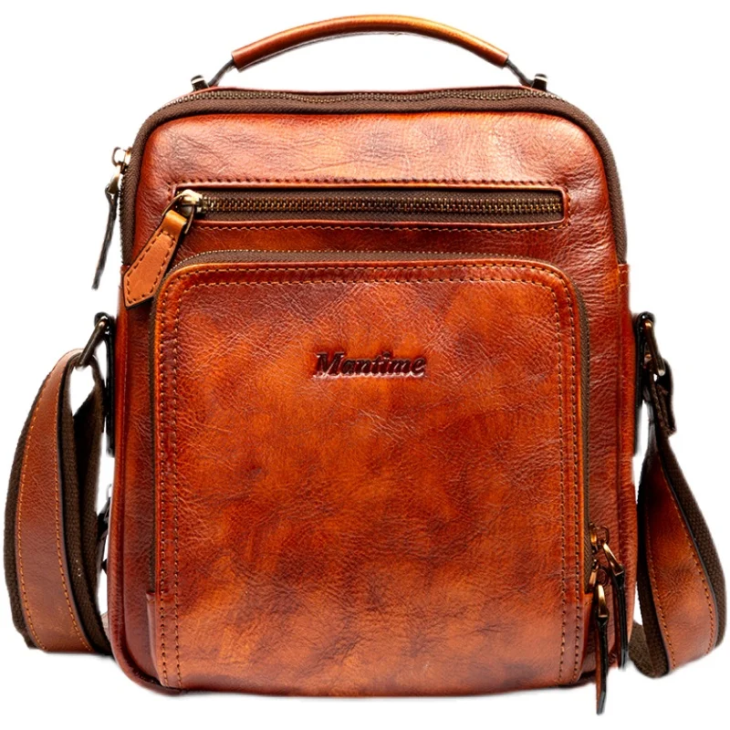 Handmade Polished Top Layer Cowhide Leather Single-Shoulder Bag Vertical Men's Bag Casual Leather Messenger Bag Vintage Bag