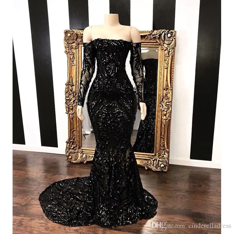 

Sexy Black Evening Dress Sequined Vestidos Largos Lace Sleeve Off Shoulder Woman Sweep Train Prom Party Gowns Plus Size