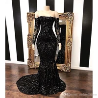 sexy black evening dress sequined vestidos largos lace sleeve off shoulder woman sweep train prom party gowns plus size