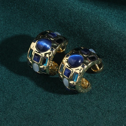 Серьги-гвоздики STALAIT с синим опалом и кошачьим глазом