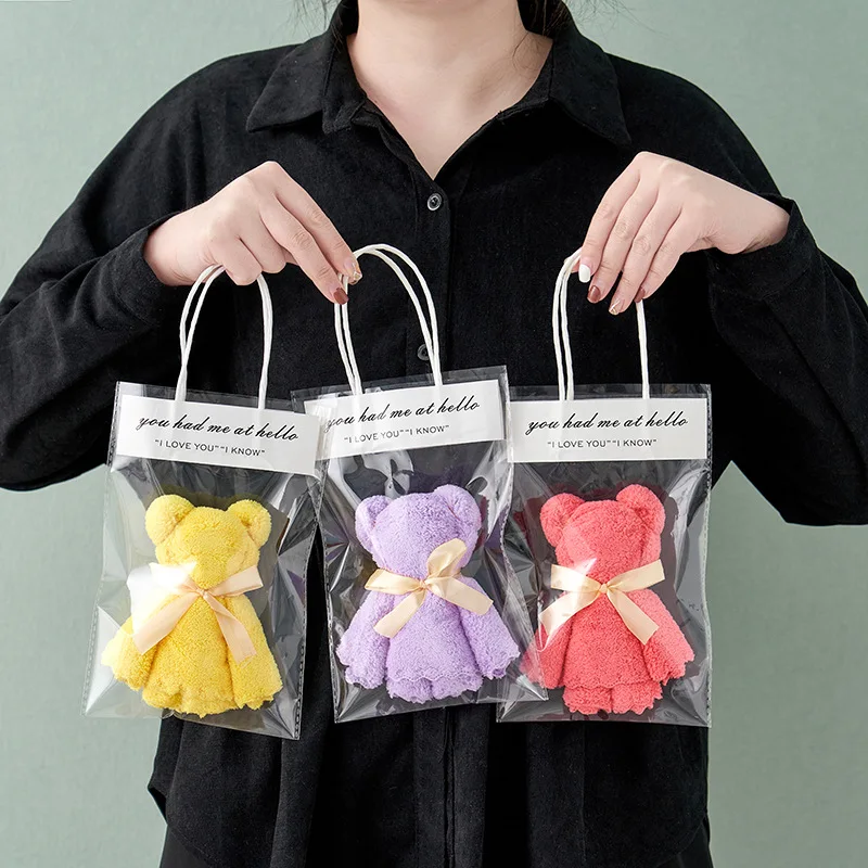 

Coral Velvet Bear Shape Towel with Transparent Gift Bag Creative Absorbent Towels Face Washing Baby Shower Party Wedding Gifts