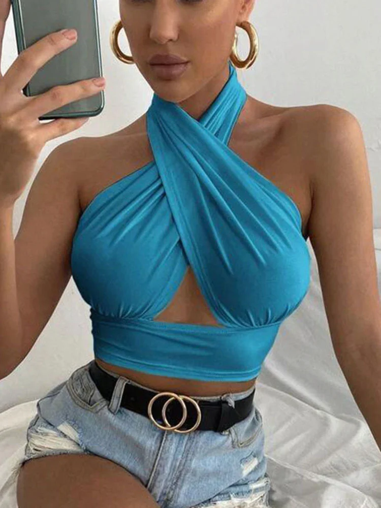 

2022 Cross Strappy Sexy Front Women Crop Top Tank Backless Halter Sleeveless Cut Out V Neck White Vest Black Bandage Summer