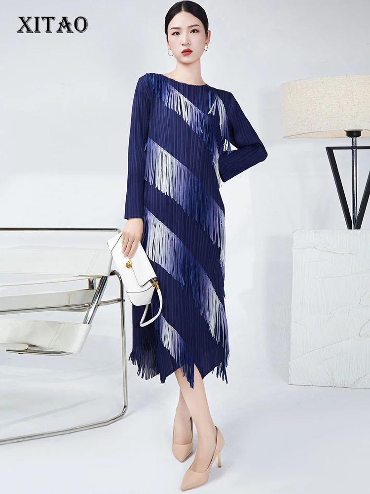 XITAO Tassel Dress Fashion Gradient Color Folds Women Pullover Simplicity Temperament Autumn New Long Sleeve Dress 2023 HQQ0873