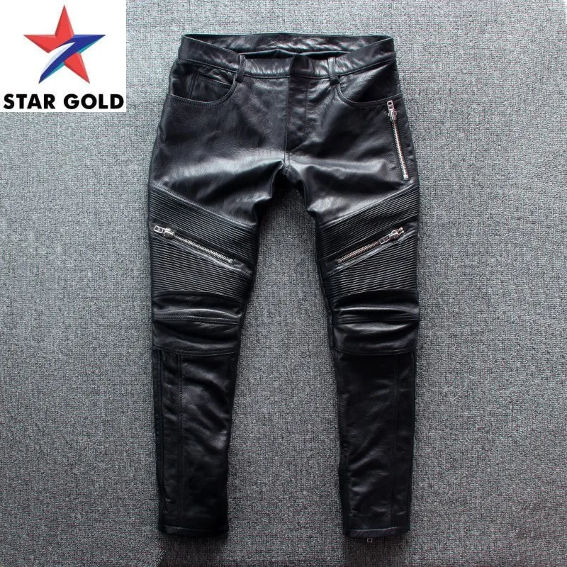 

100% Genuine Motorcycle Leather Men Brand Windproof Washed Sheepskin Slim Trousers Street Multi-Pocket Black Pants 4XL