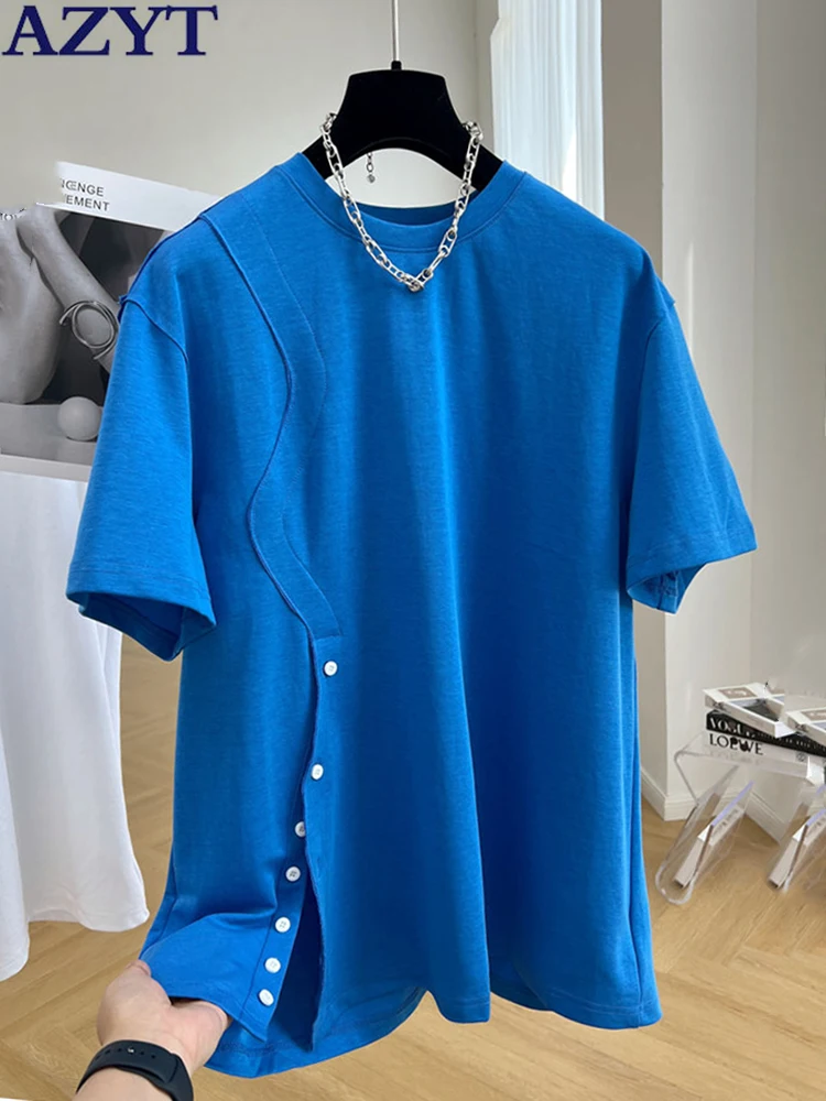 

Женская футболка с разрезом и круглым вырезом, с коротким рукавом