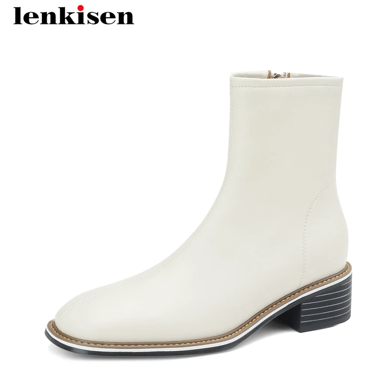 

Lenkisen, офицер из коровьей кожи, женская повседневная одежда, квадратный носок, средний каблук, английский стиль, модные ботинки на молнии, однотонные Брендовые ботильоны