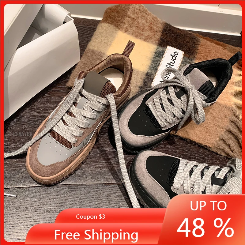 

ENMAYER 2023 New Ladies Platform Winter Shoes Lace Up Synthetic Sneakers Shoes Woman Mixed Colors Fashion Flats