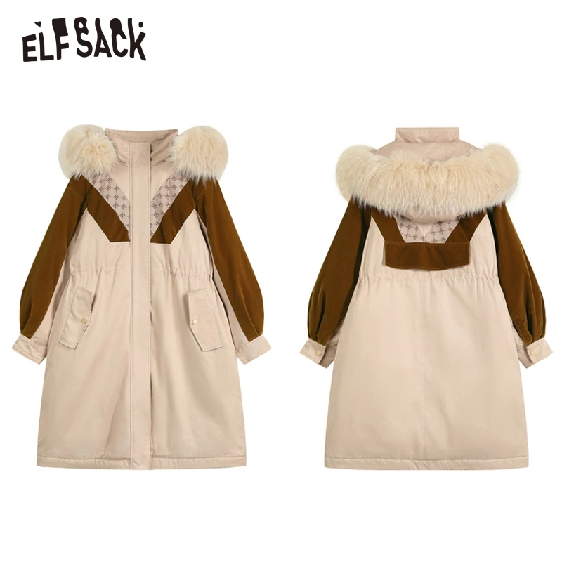 ELFSACK Spliced Down Coats Women 2022 Winter Warm Mid-length Outwears