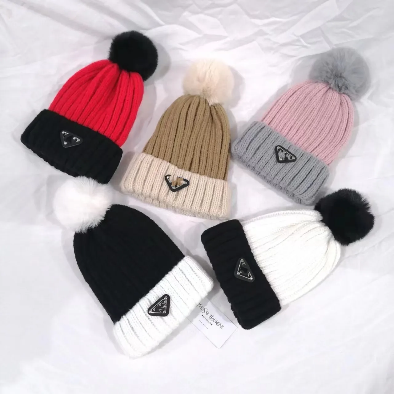 

Luxury Brand Triang Men and Women Cold resistance and warmth preservation Cold And Warm Winter color blocking Fur Ball Knit Hat