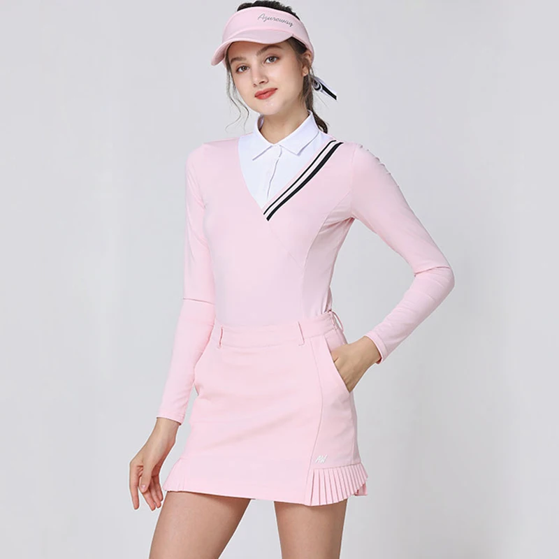 Azureway Women's Golf Top Pink Long Sleeve T-shirt Autumn and Winter Sports Shirt Ladies Short Skirt Golf Clothing 여자골프웨어 겨울