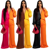womens clothing sets new autumn 2 piece sets contrast long sleeves pants set patchwork satin loose casual womens trouser suit